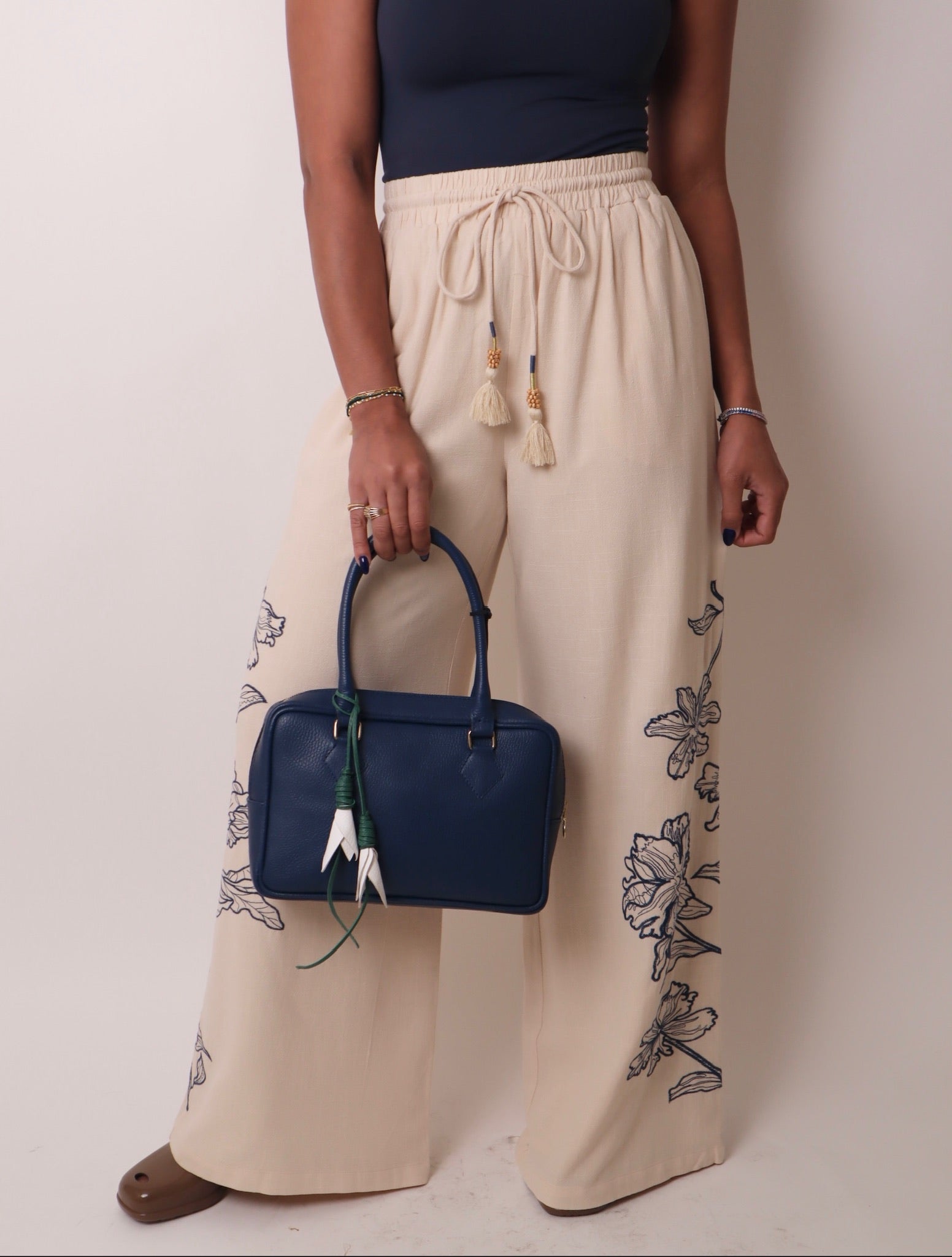 Wide Leg Pant with Floral Embroidery