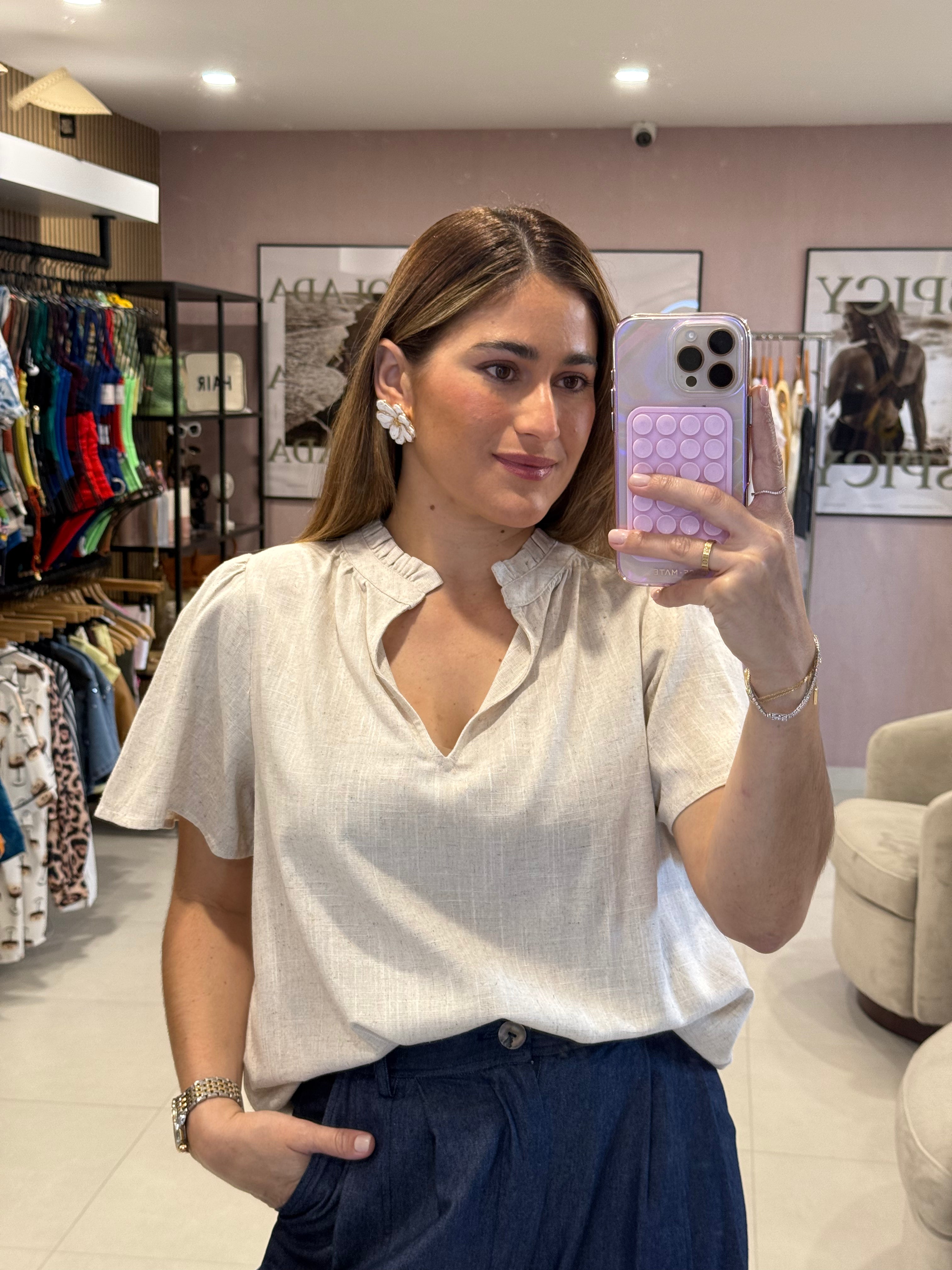 Cream Ruffle Neck Top