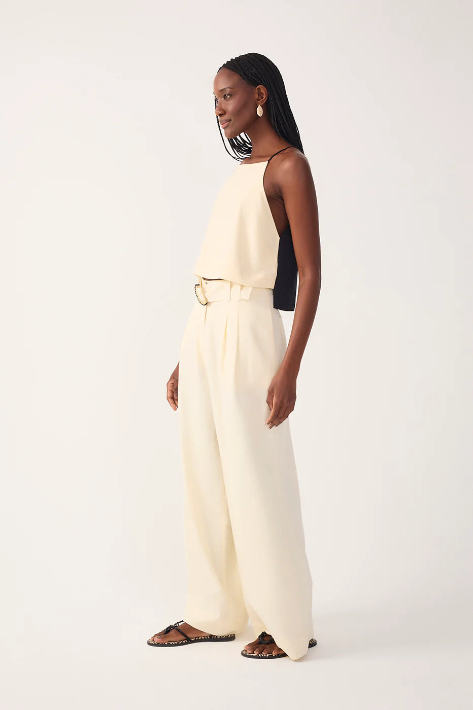 Beige Beaded Buckle Wide-Leg Line Pants