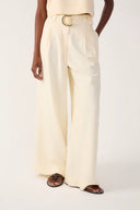 Beige Beaded Buckle Wide-Leg Line Pants