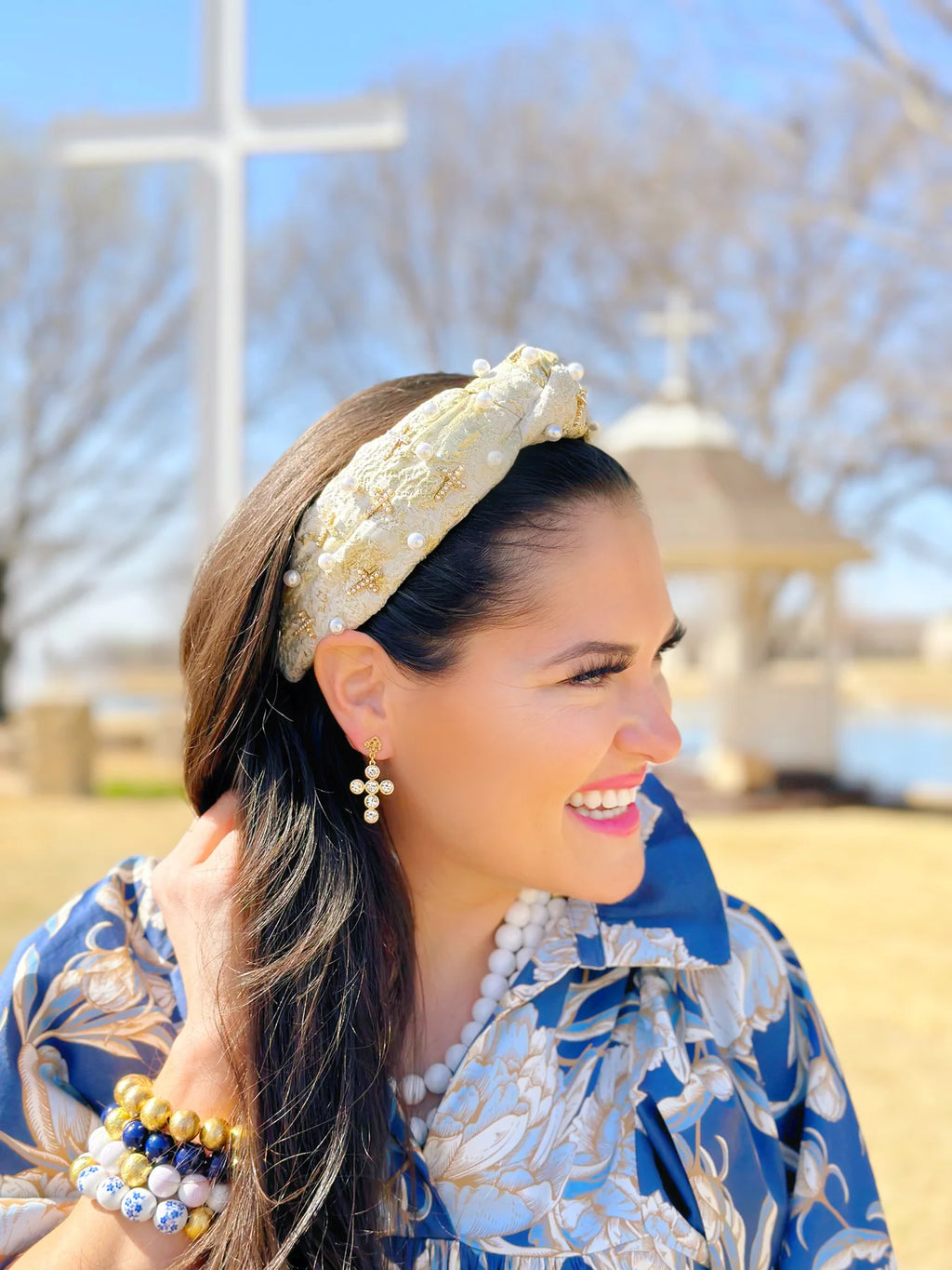 Gold Cross and Pearls Headband
