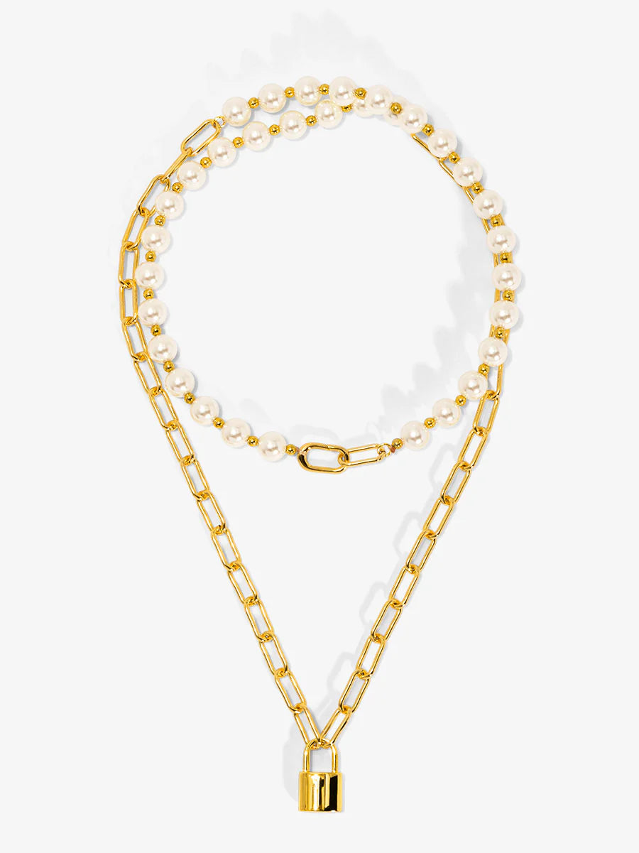 Gold Pearls & Lock Charm Necklace