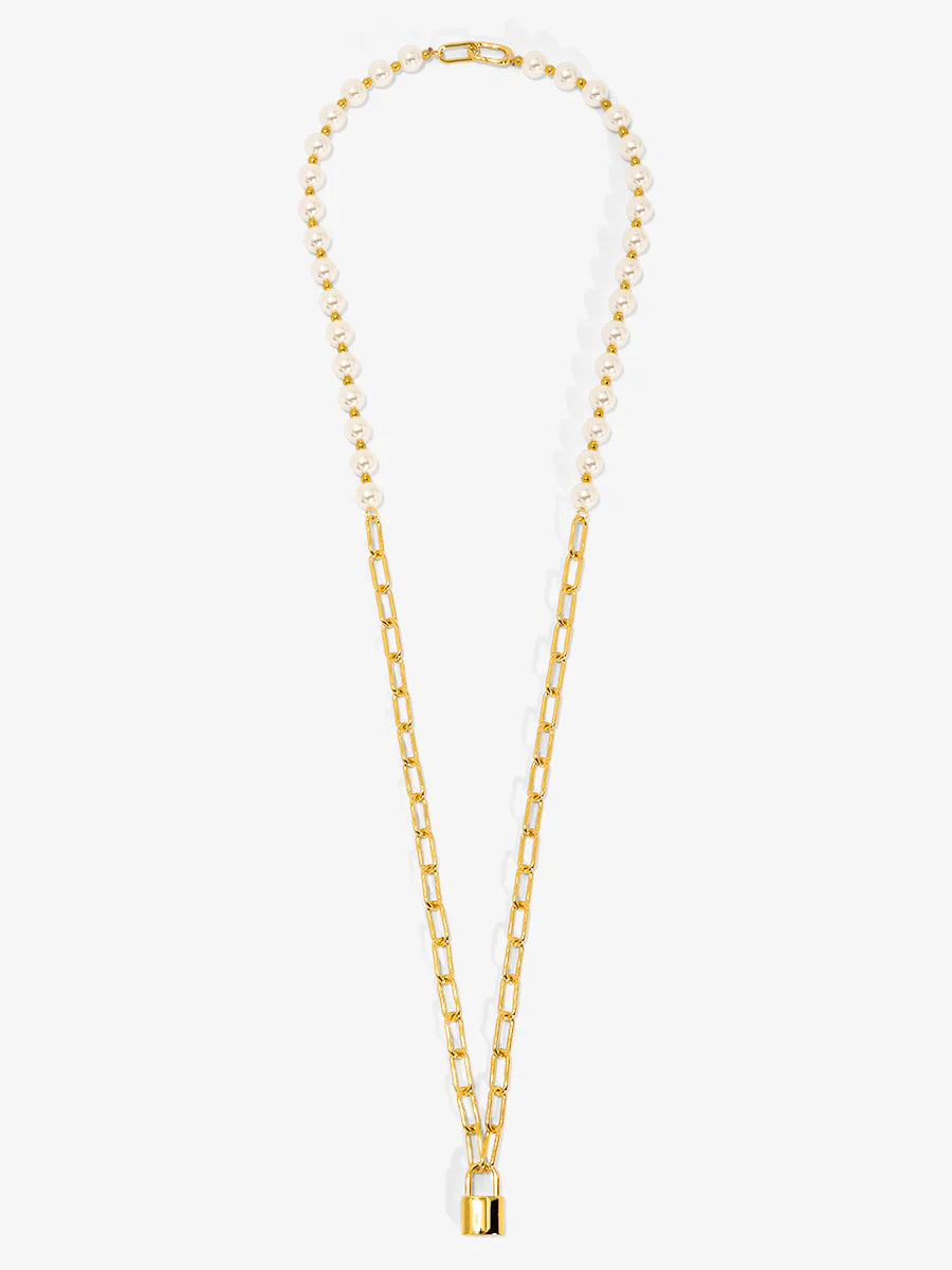 Gold Pearls & Lock Charm Necklace