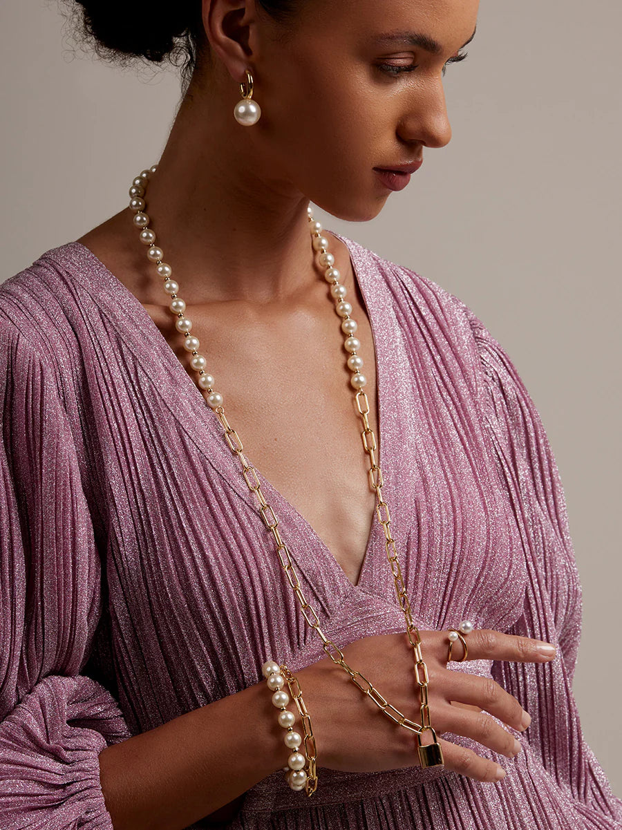 Gold Pearls & Lock Charm Necklace